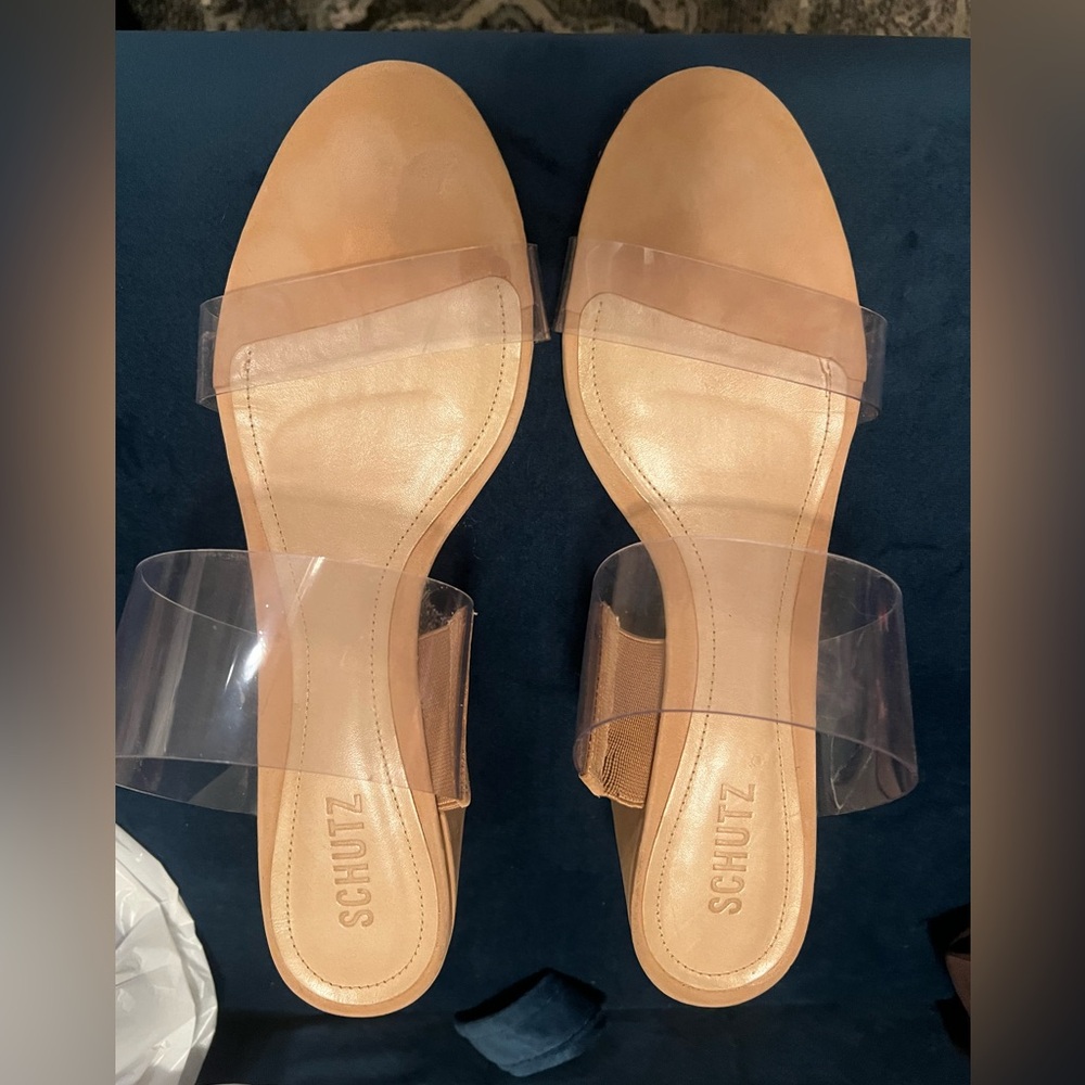 SCHUTZ VICTORIE SANDAL Beige clear strap block heels Sz 11b